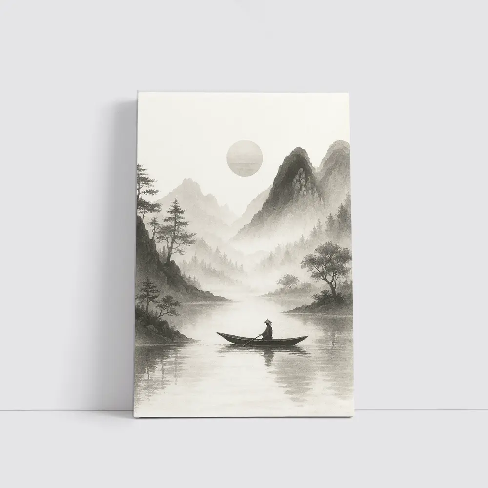 Japanese Ink Painting Fisherman Mountain River – Wall Art