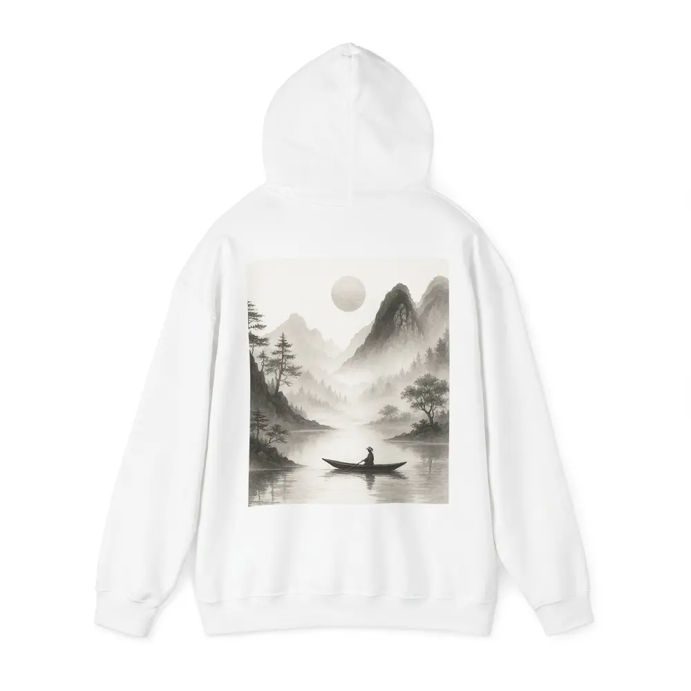 Japanese Ink Painting Fisherman Mountain River – Hoodies