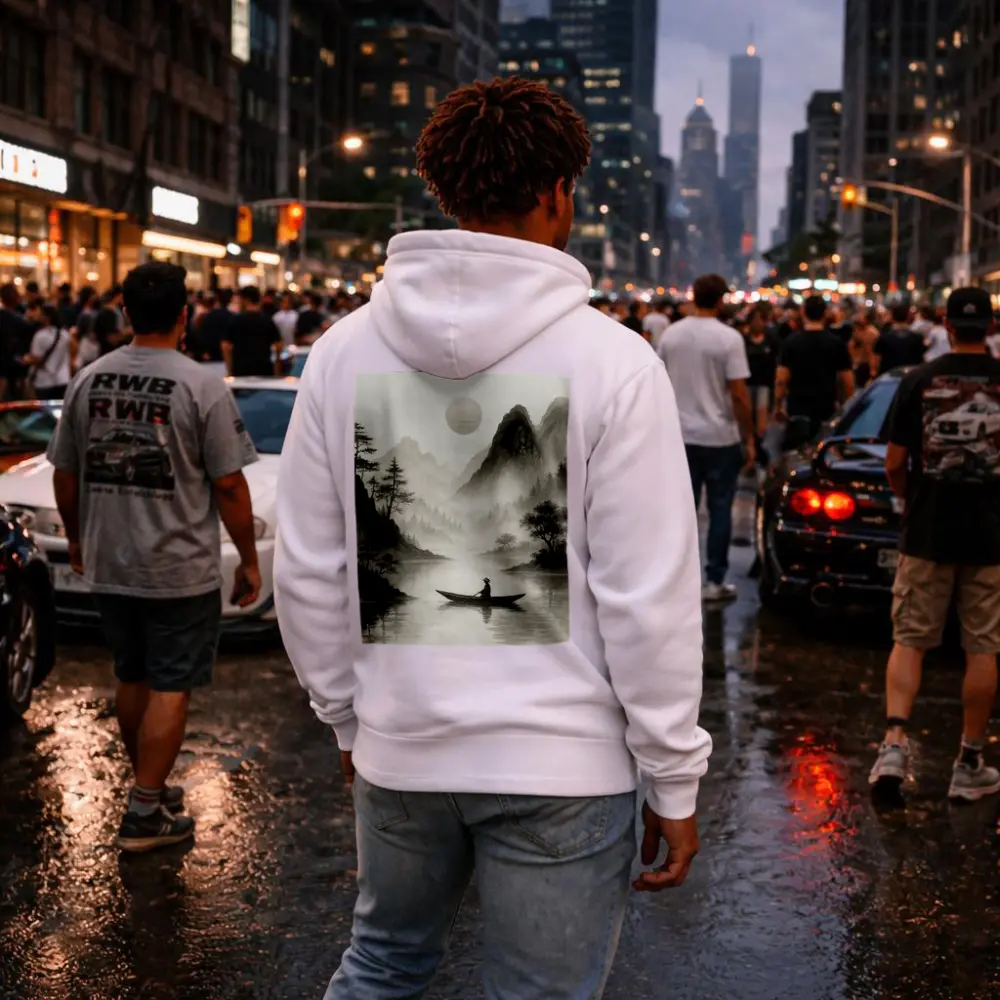 Japanese Ink Painting Fisherman Mountain River – Hoodies
