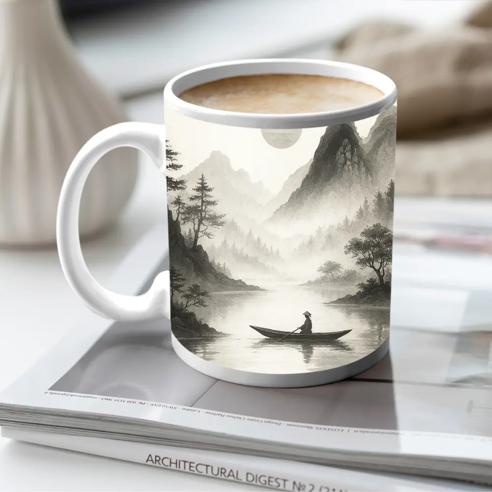 Japanese Ink Painting Fisherman Mountain River – Mugs
