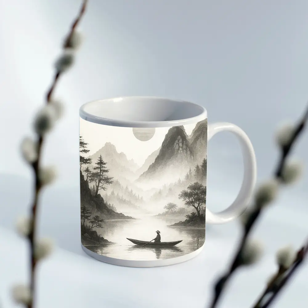 Japanese Ink Painting Fisherman Mountain River – Mugs