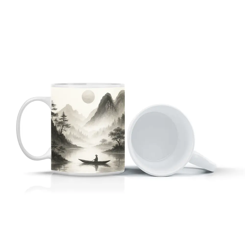 Japanese Ink Painting Fisherman Mountain River – Mugs