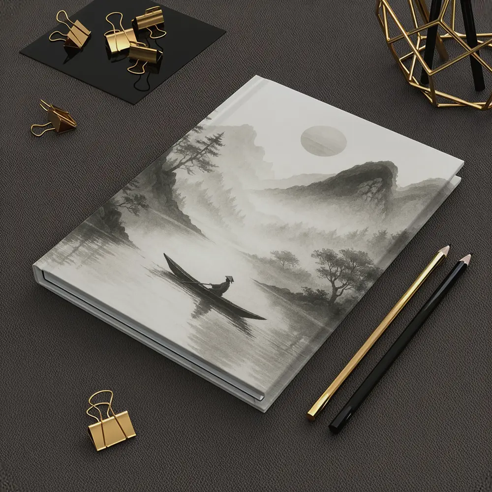 Japanese Ink Painting Fisherman Mountain River – Notebooks