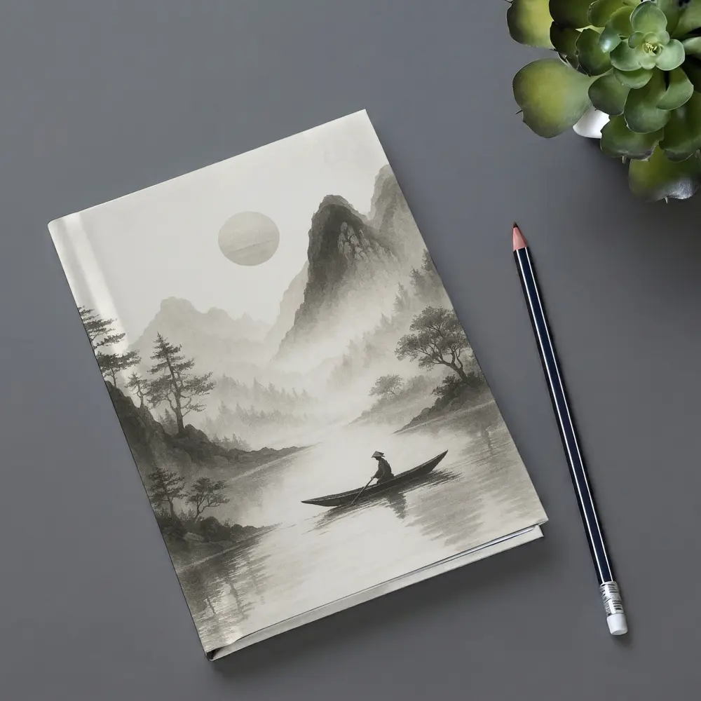 Japanese Ink Painting Fisherman Mountain River – Notebooks