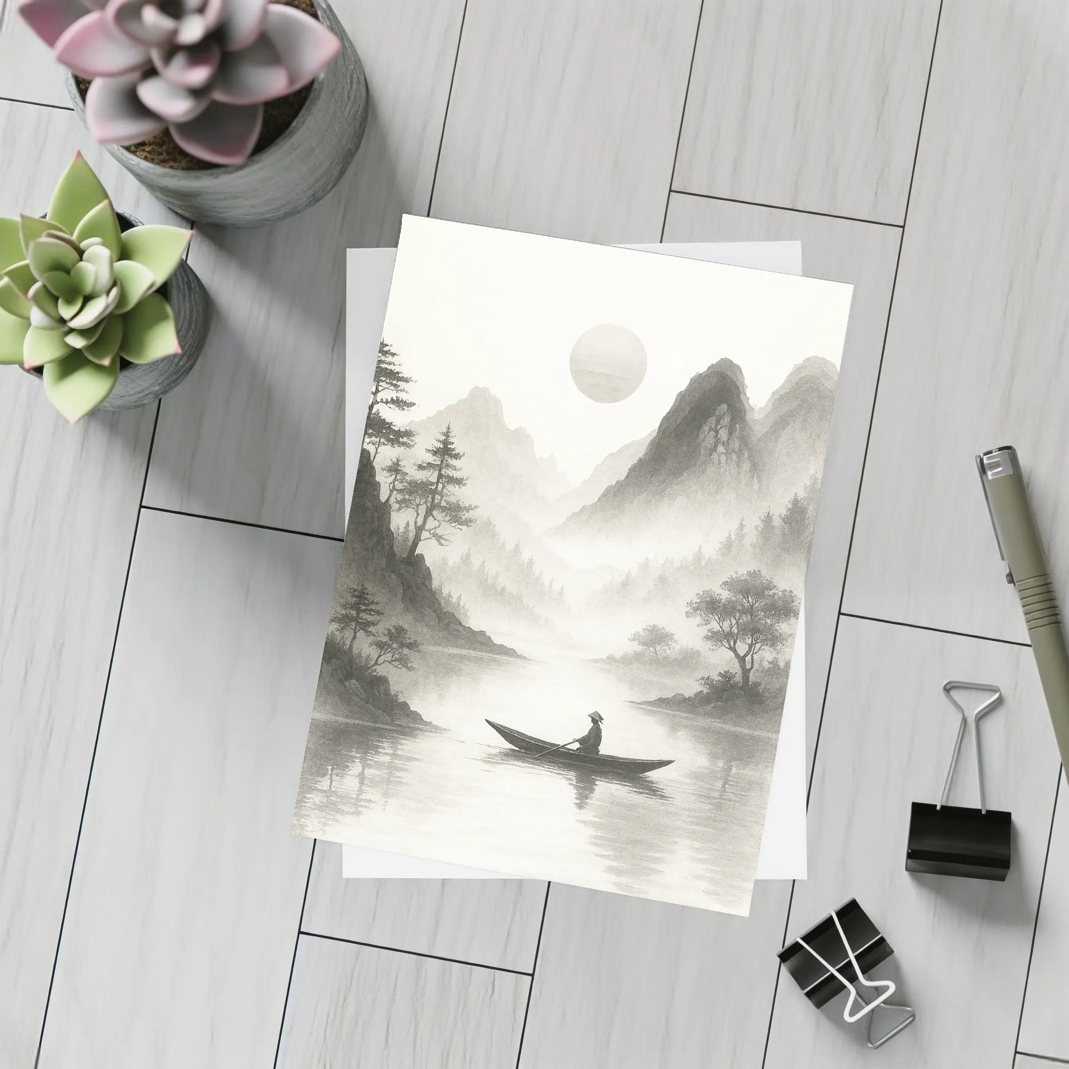 Japanese Ink Painting Fisherman Mountain River – Postcards