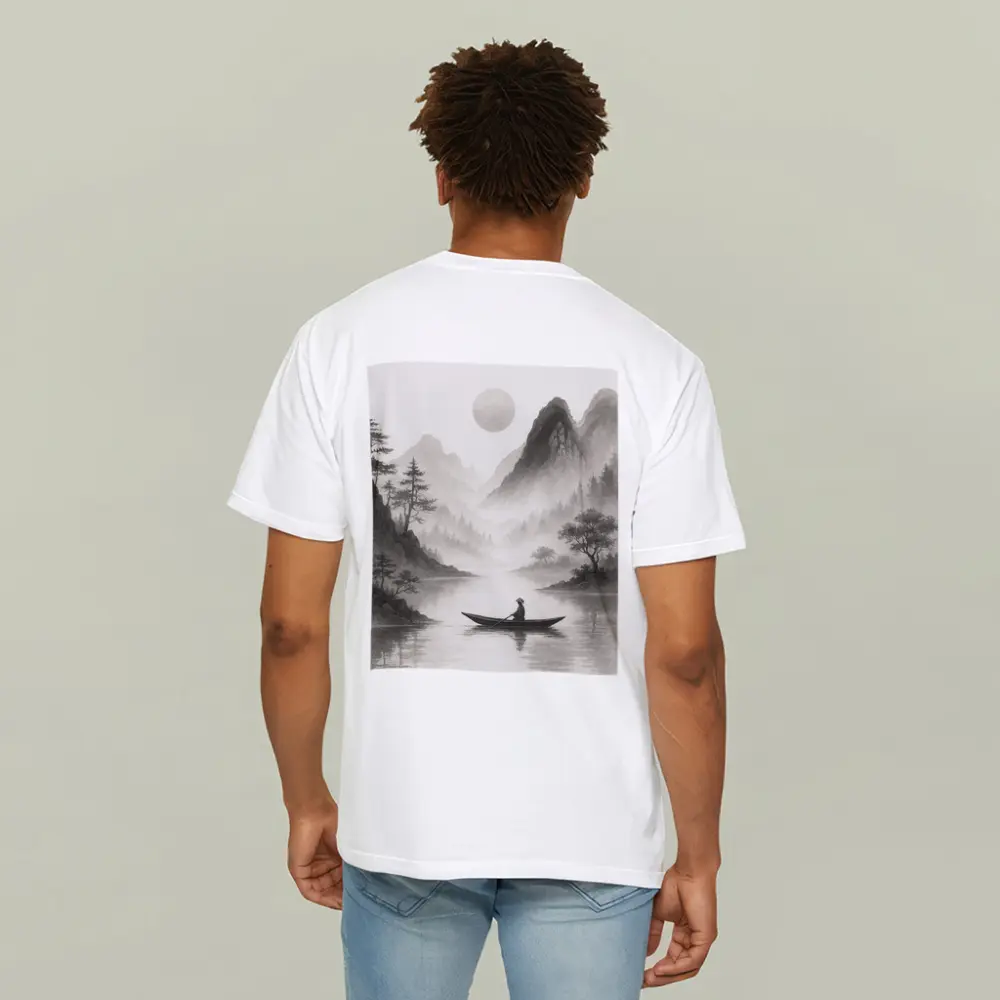 Japanese Ink Painting Fisherman Mountain River – T-Shirts