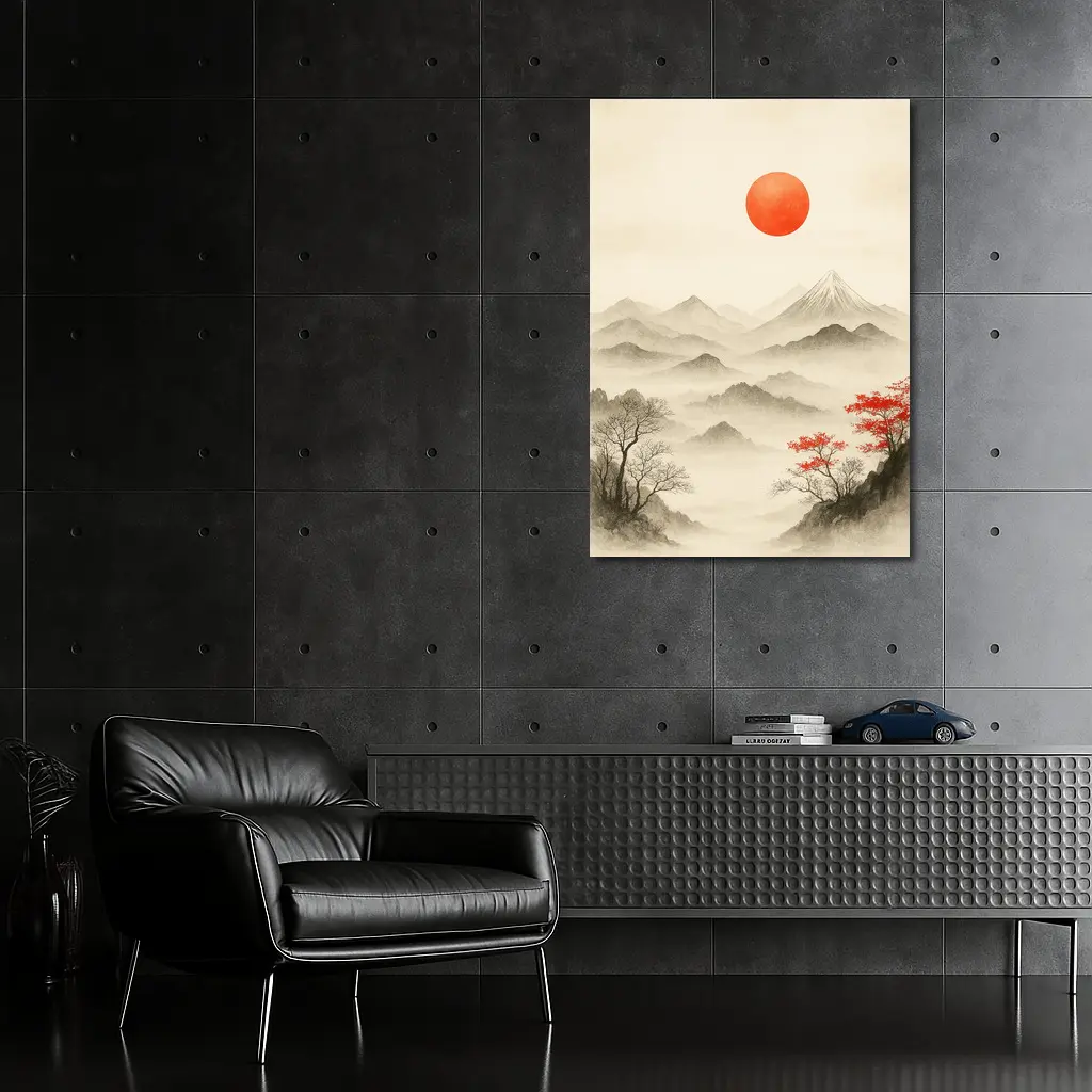 Japanese Ink Painting Mount Fuji Red Sun – Wall Art