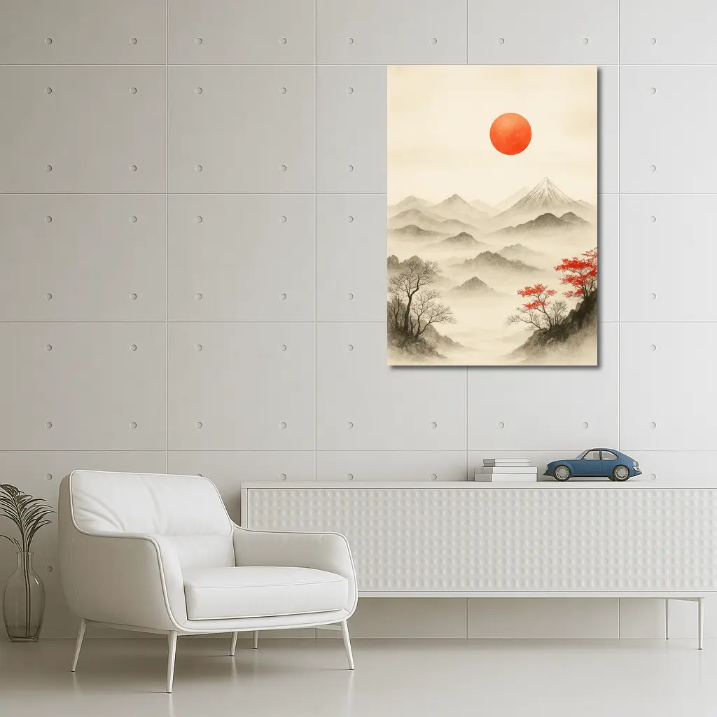 Japanese Ink Painting Mount Fuji Red Sun – Wall Art