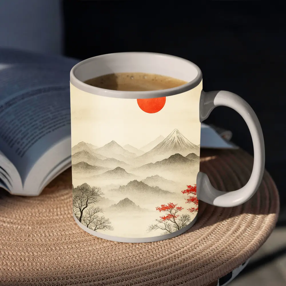 Japanese Ink Painting Mount Fuji Red Sun – Mugs