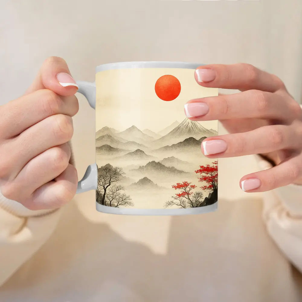 Japanese Ink Painting Mount Fuji Red Sun – Mugs
