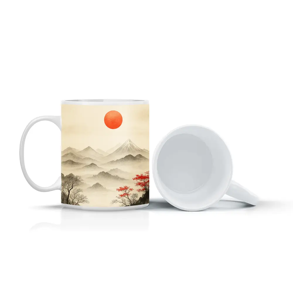 Japanese Ink Painting Mount Fuji Red Sun – Mugs