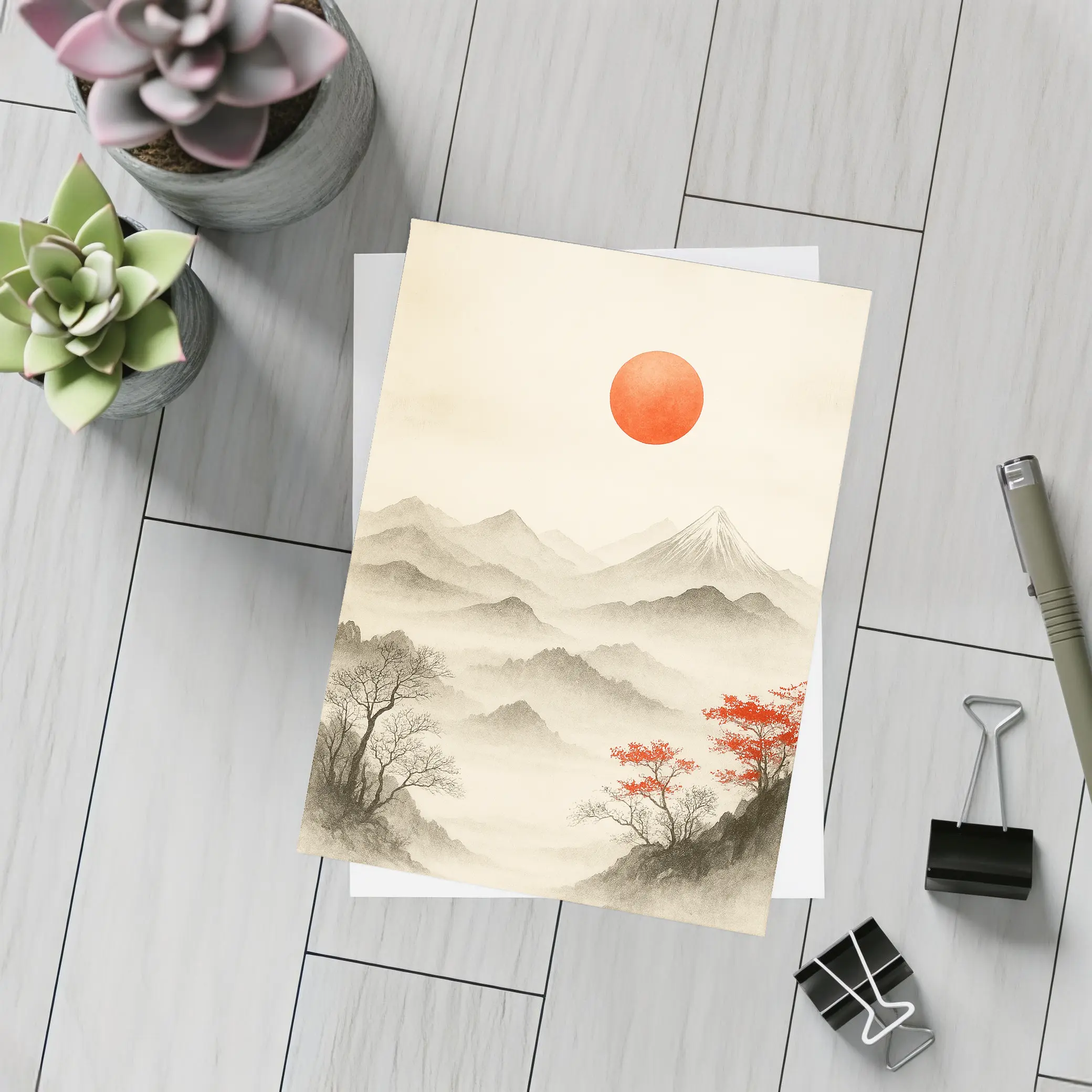 Japanese Ink Painting Mount Fuji Red Sun – Postcards