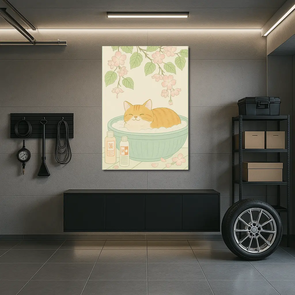Orange Cat Bathing Cherry Blossoms Japanese Style – Wall Art