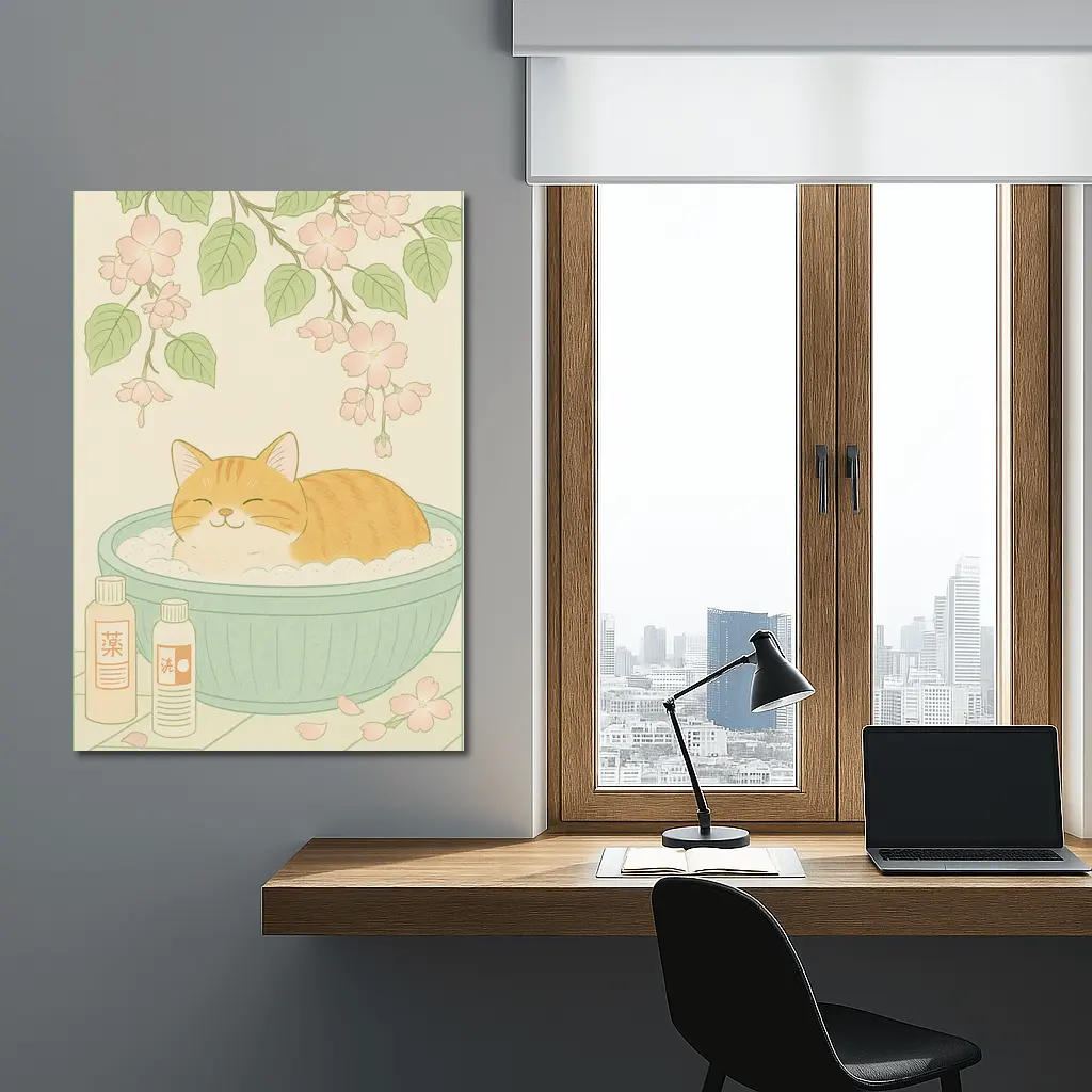 Orange Cat Bathing Cherry Blossoms Japanese Style – Wall Art