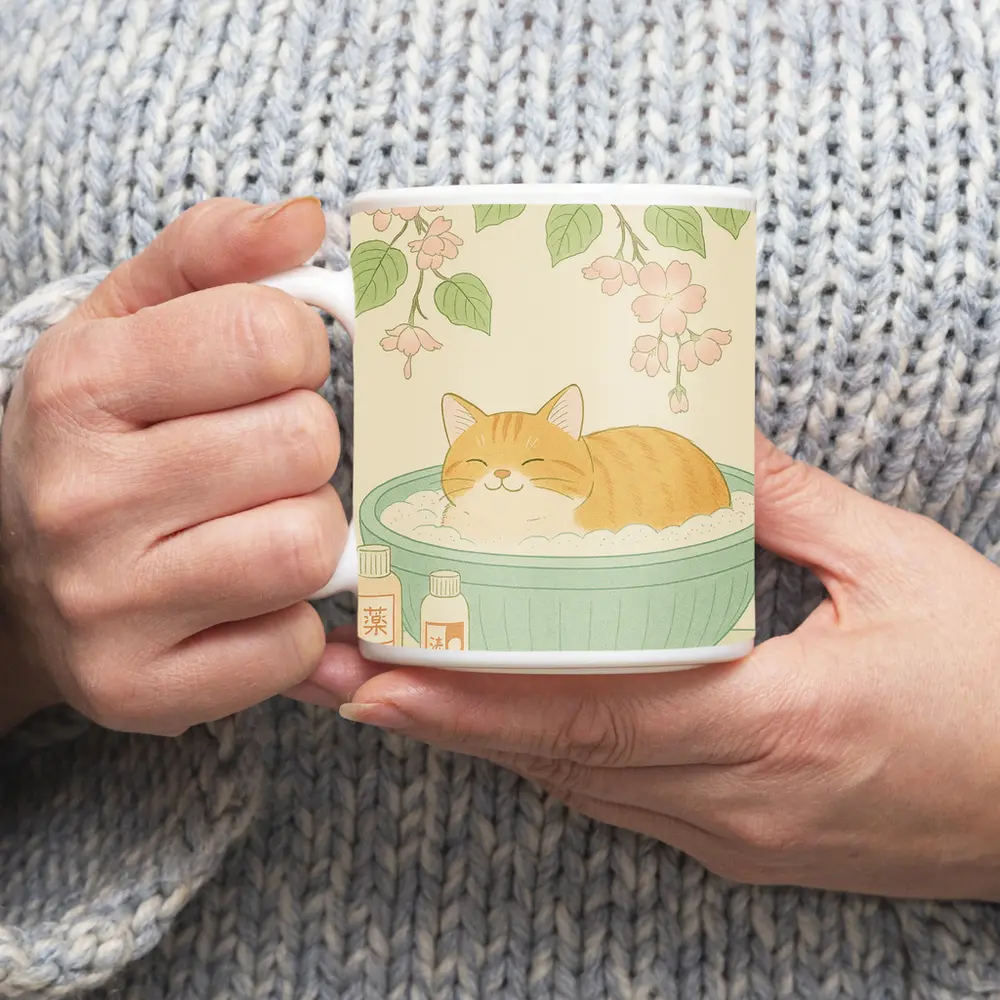 Orange Cat Bathing Cherry Blossoms Japanese Style – Mugs