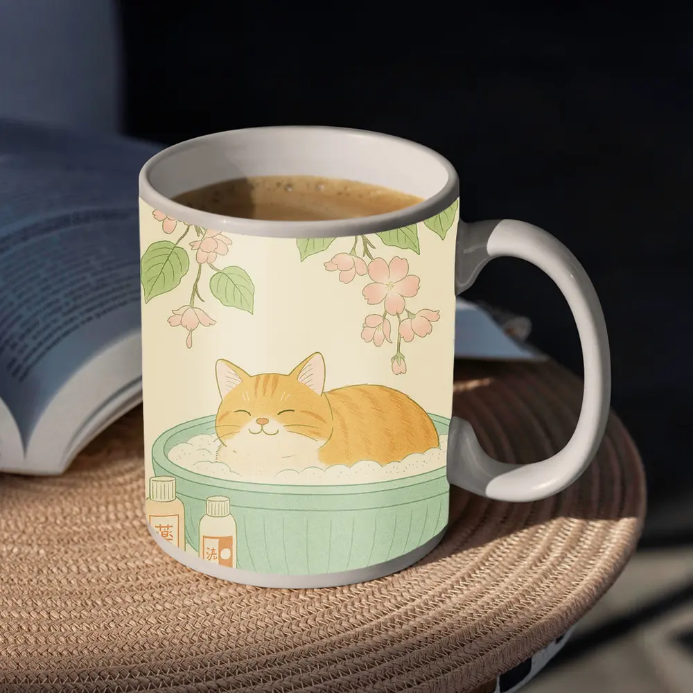 Orange Cat Bathing Cherry Blossoms Japanese Style – Mugs