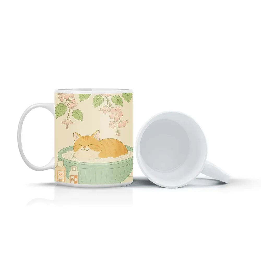 Orange Cat Bathing Cherry Blossoms Japanese Style – Mugs