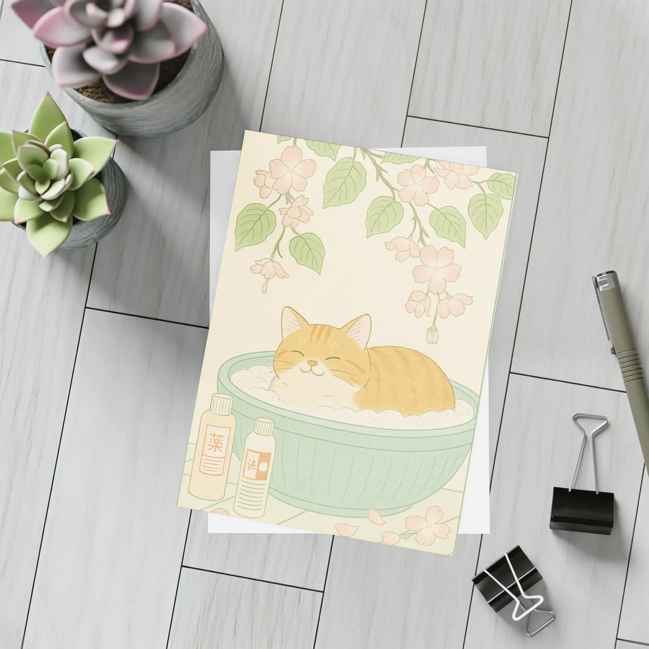 Orange Cat Bathing Cherry Blossoms Japanese Style – Postcards