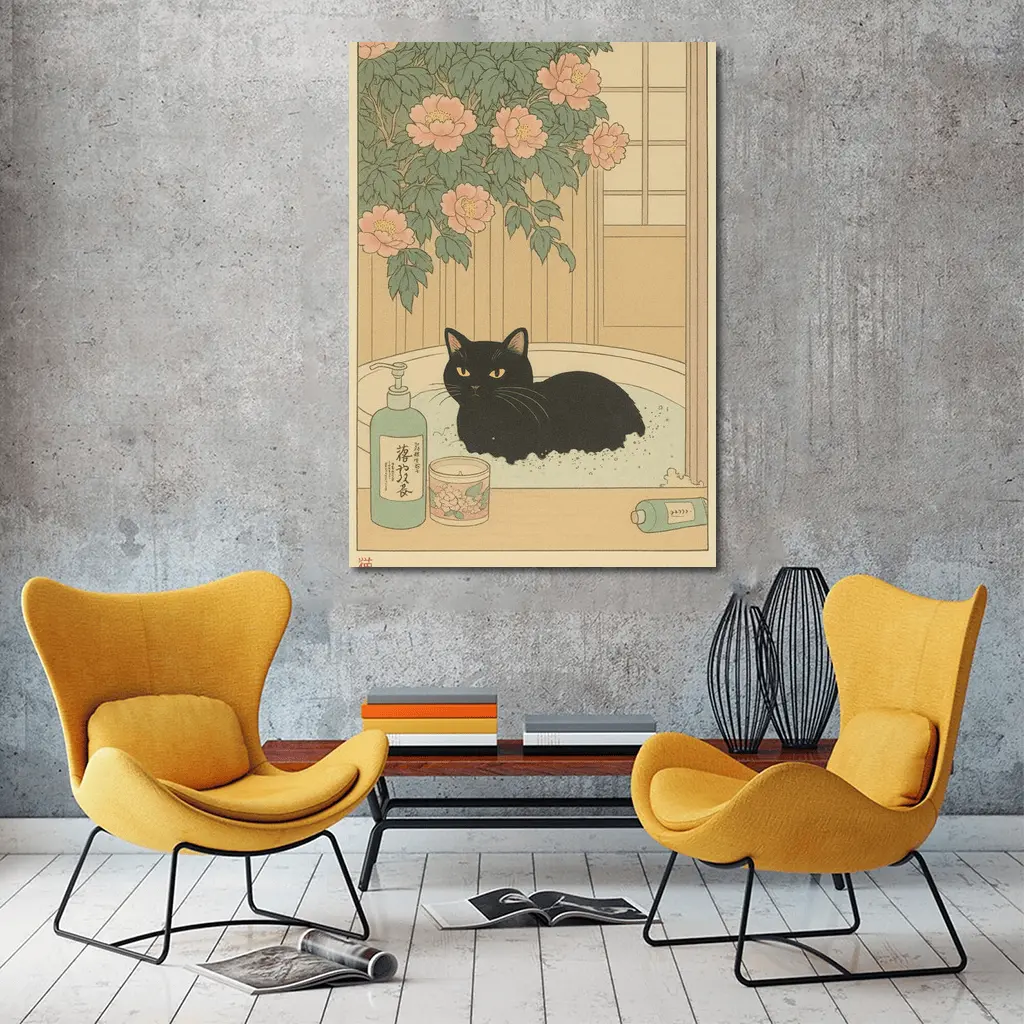 Black Cat Resting in Bath Japanese Style – Wall Art