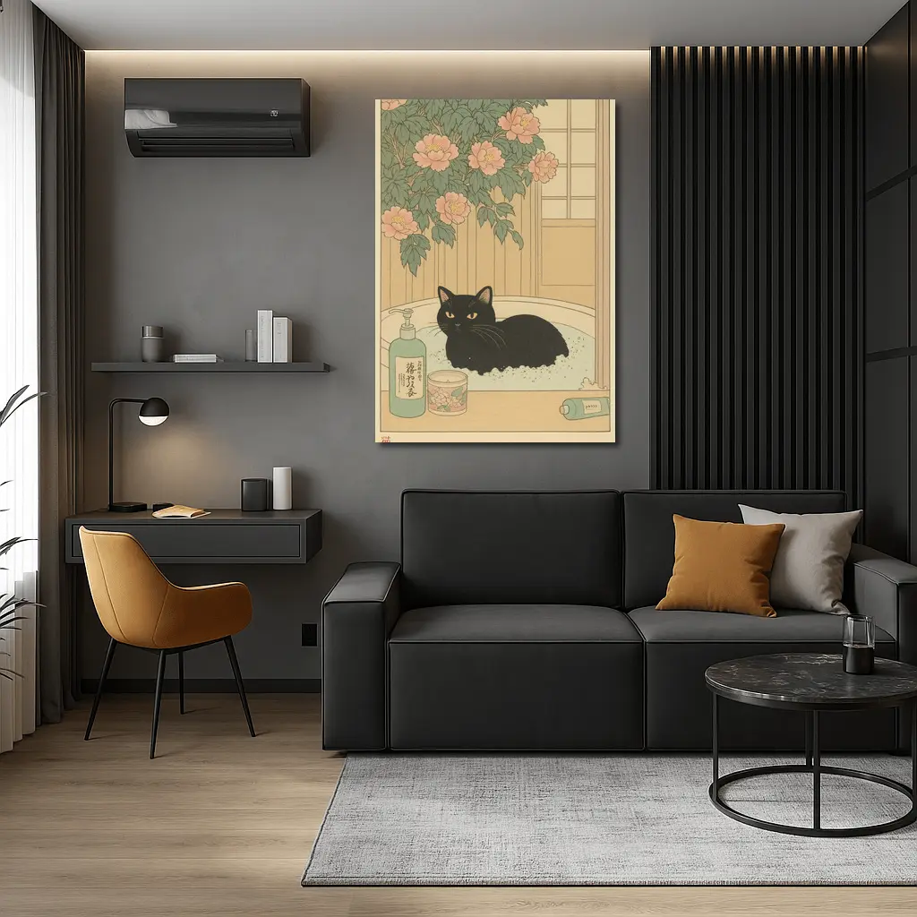 Black Cat Resting in Bath Japanese Style – Wall Art