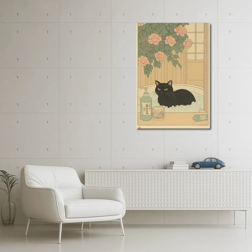 Black Cat Resting in Bath Japanese Style – Wall Art