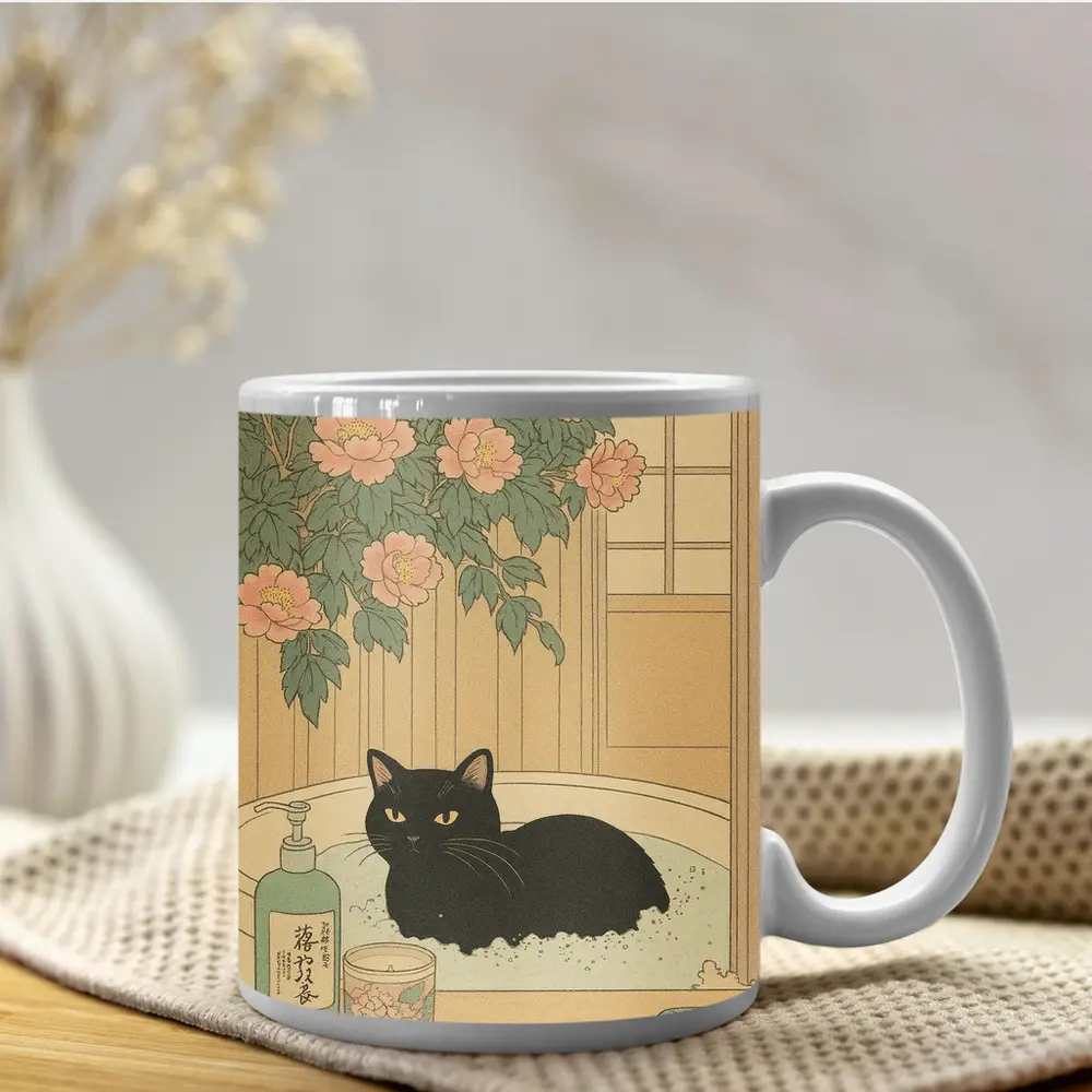 Black Cat Resting in Bath Japanese Style – Mugs