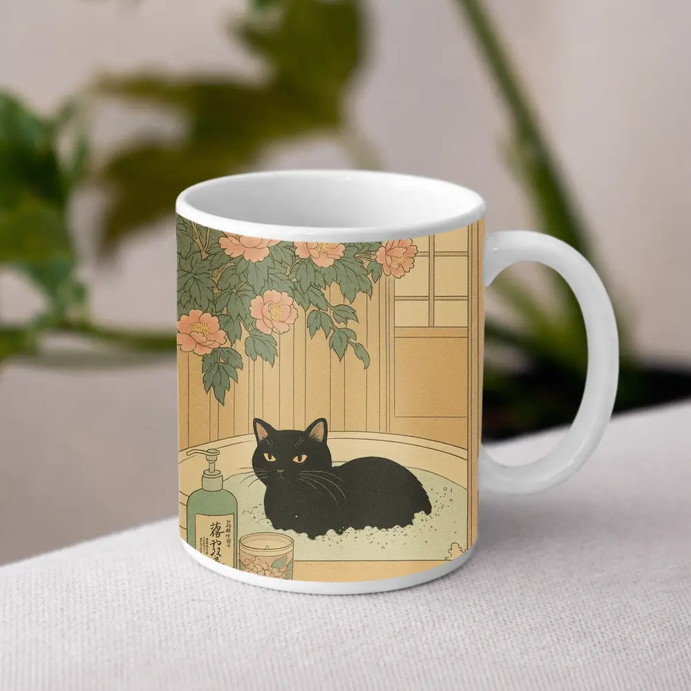 Black Cat Resting in Bath Japanese Style – Mugs
