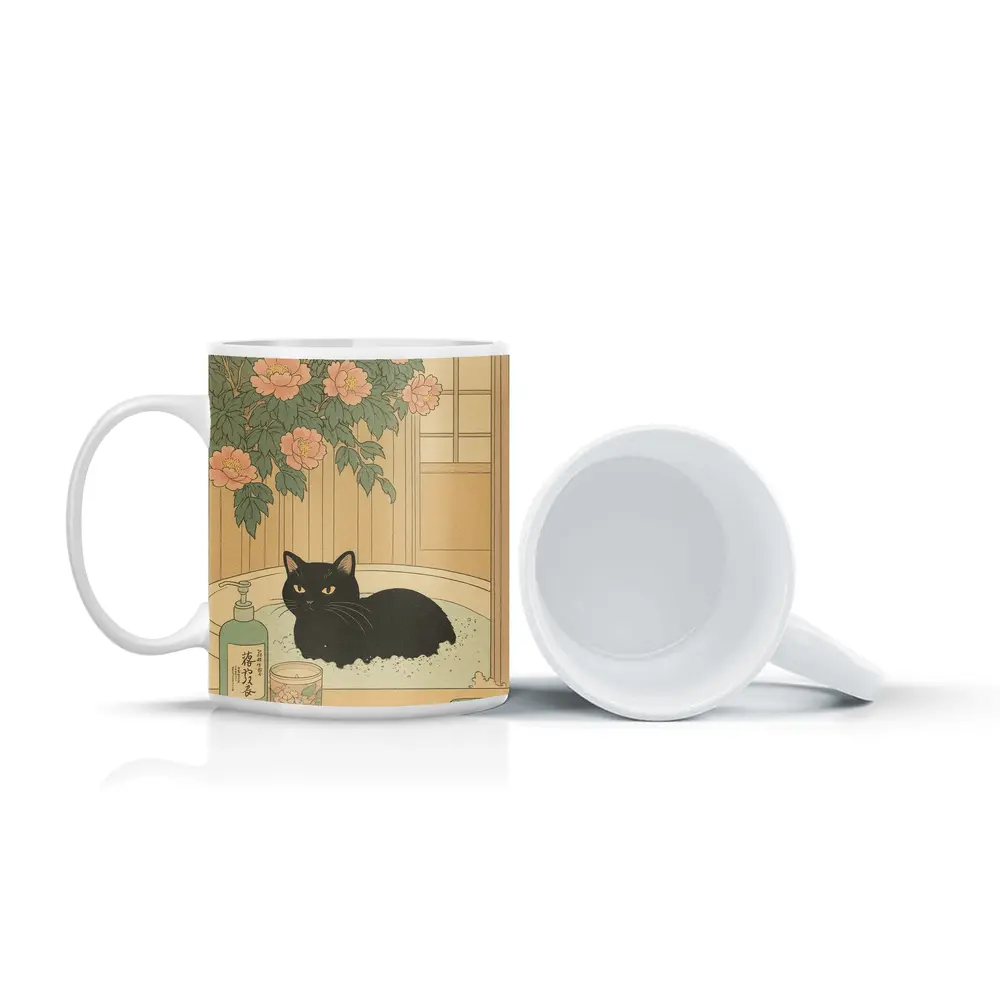 Black Cat Resting in Bath Japanese Style – Mugs