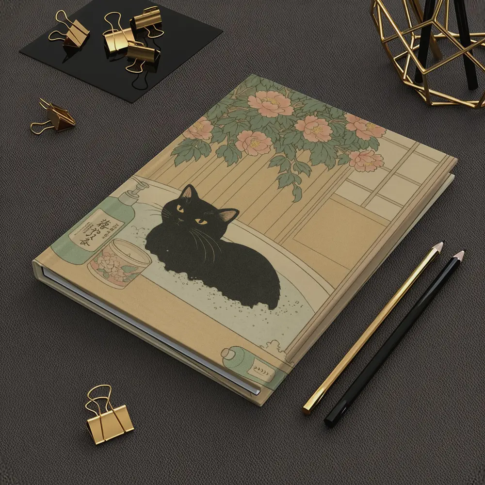Black Cat Resting in Bath Japanese Style – Notebooks