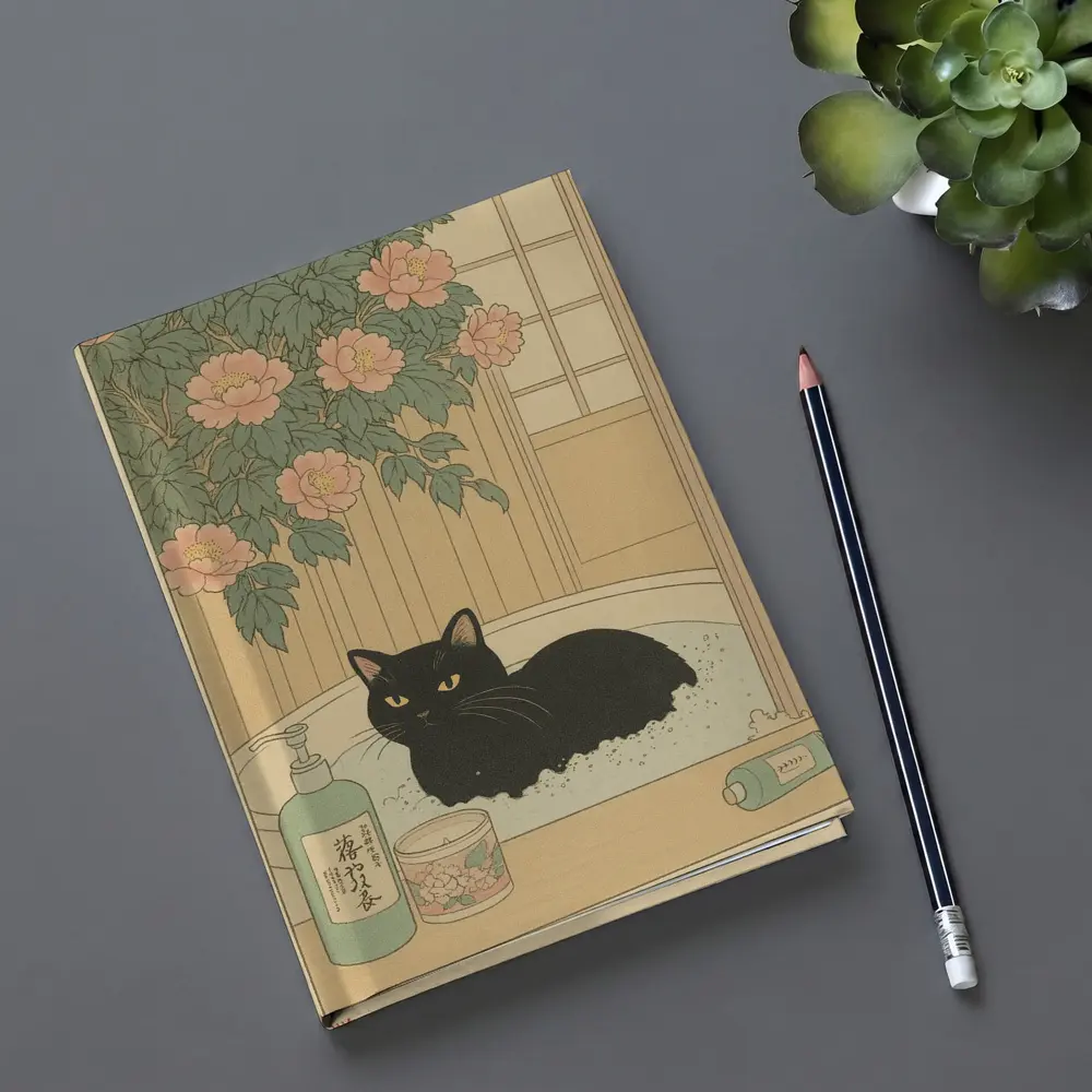 Black Cat Resting in Bath Japanese Style – Notebooks