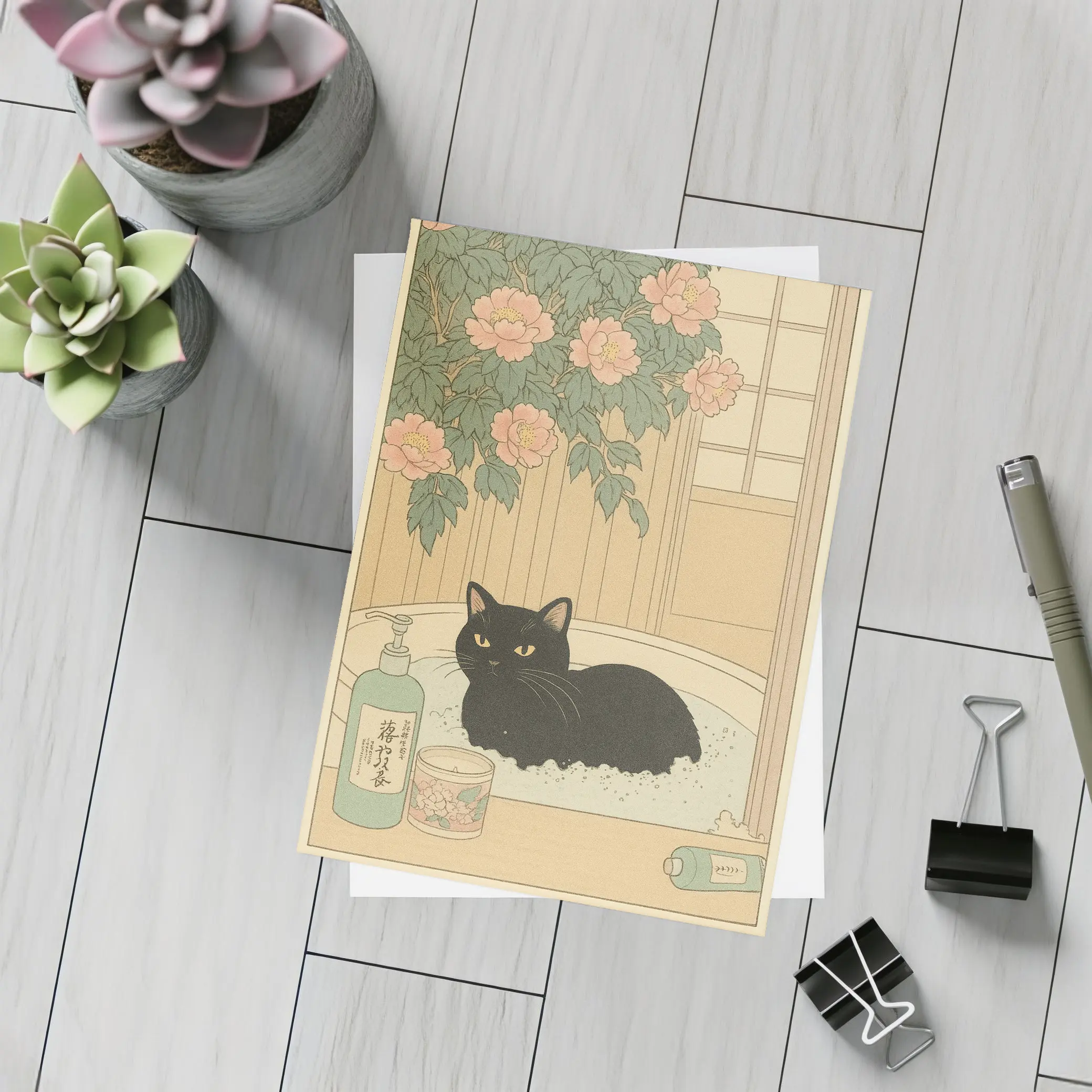 Black Cat Resting in Bath Japanese Style – Postcards