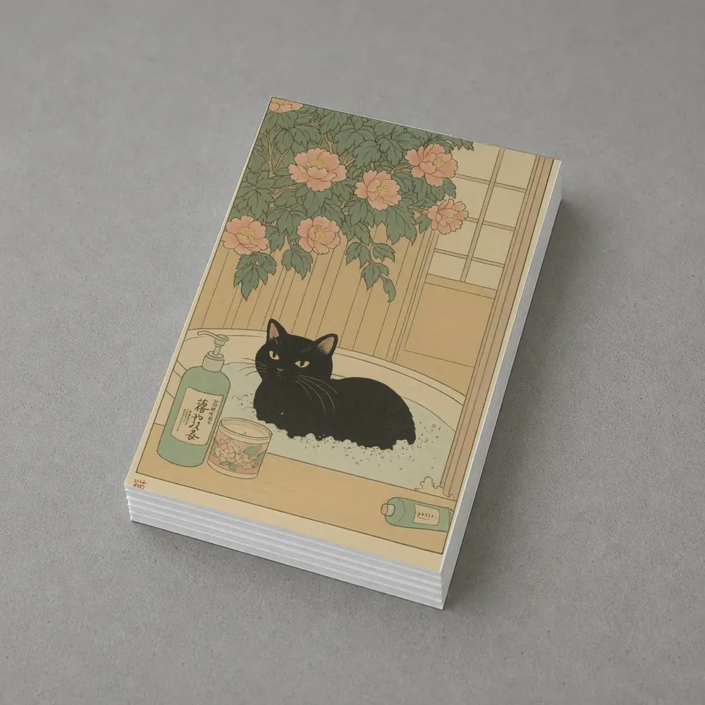 Black Cat Resting in Bath Japanese Style – Postcards