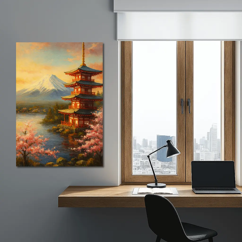 Japanese Pagoda Mount Fuji Cherry Blossoms Painting – Wall Art