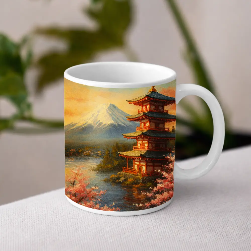 Japanese Pagoda Mount Fuji Cherry Blossoms Painting – Mugs
