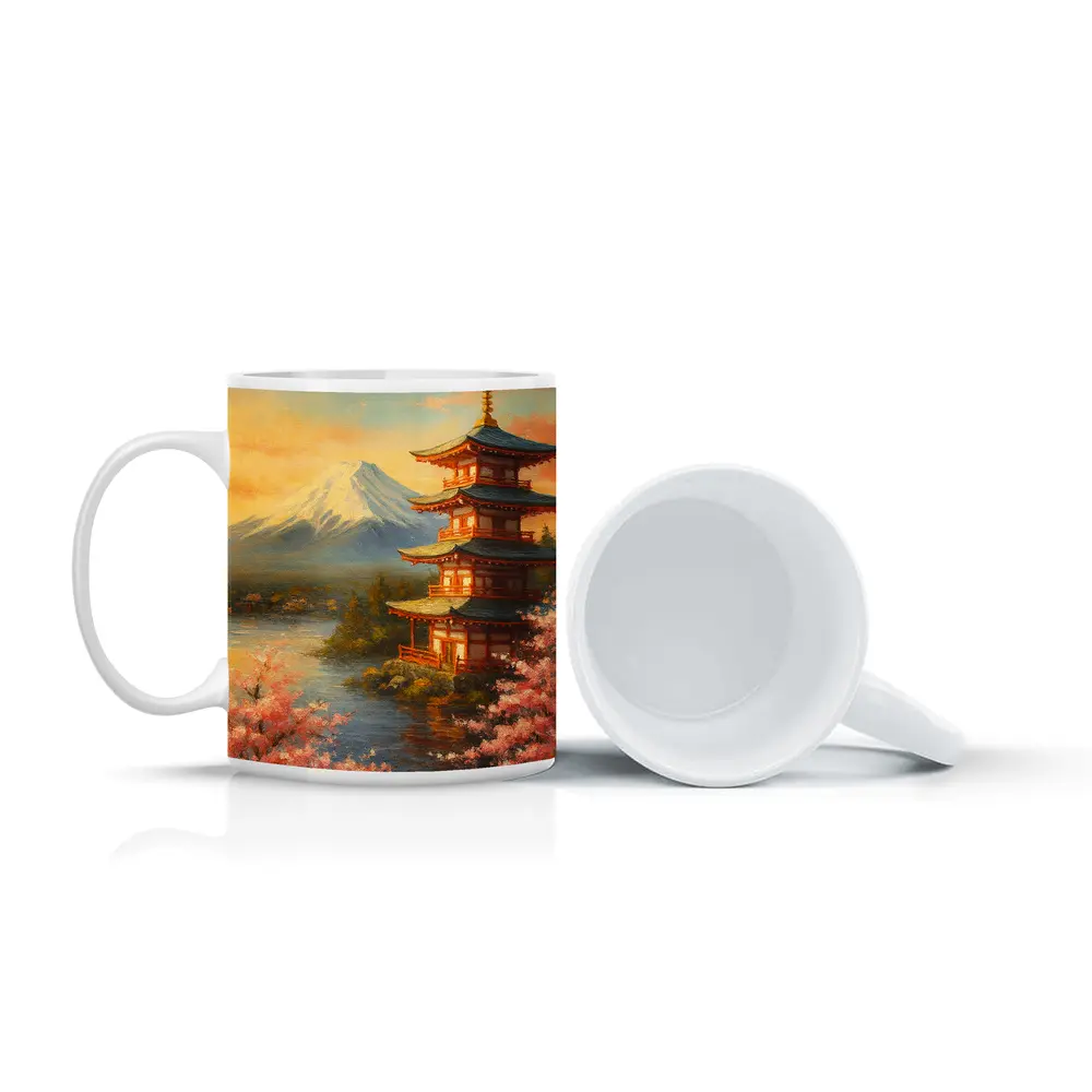 Japanese Pagoda Mount Fuji Cherry Blossoms Painting – Mugs