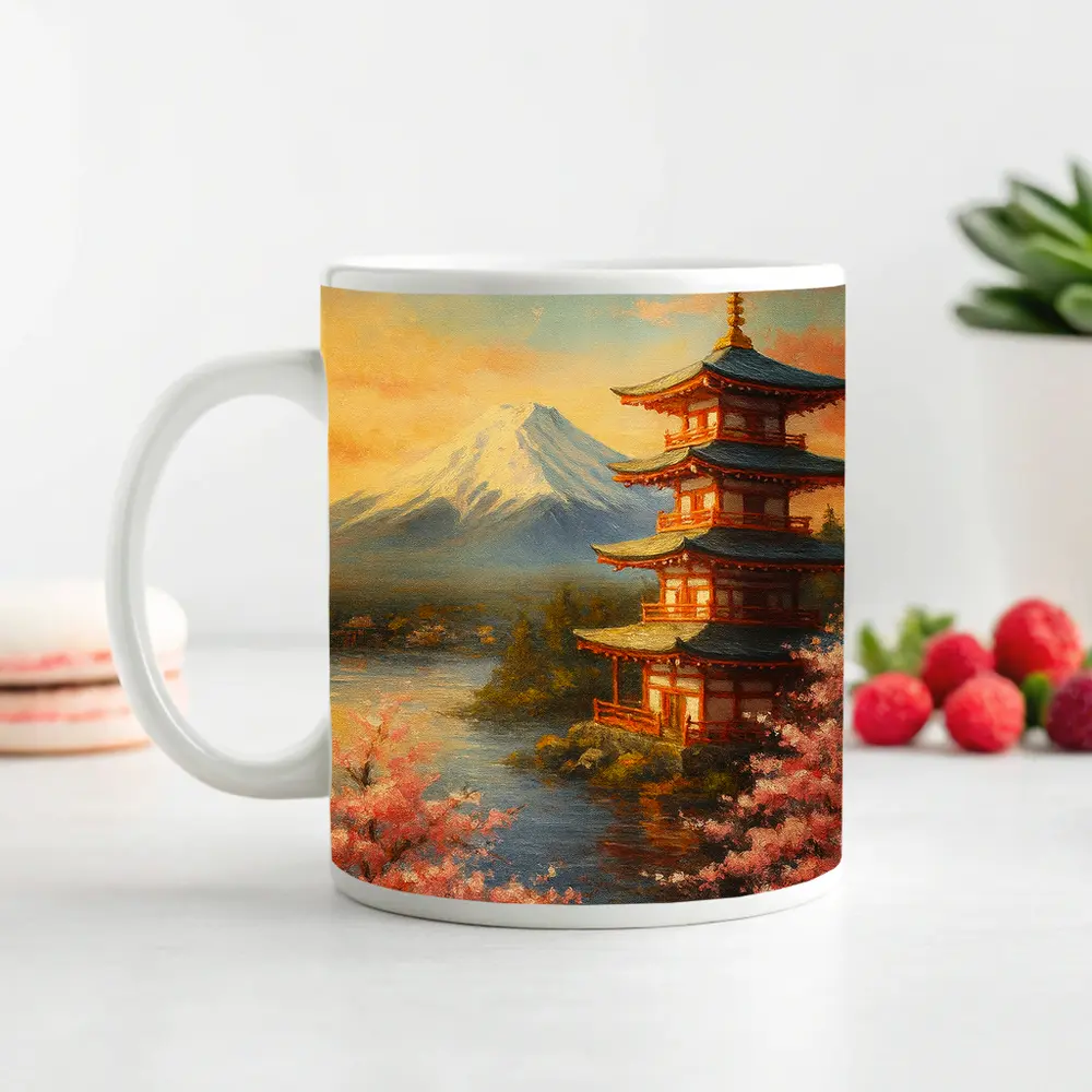 Japanese Pagoda Mount Fuji Cherry Blossoms Painting – Mugs