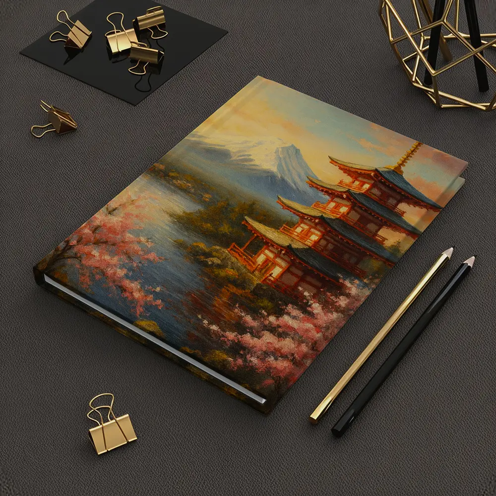 Japanese Pagoda Mount Fuji Cherry Blossoms Painting – Notebooks