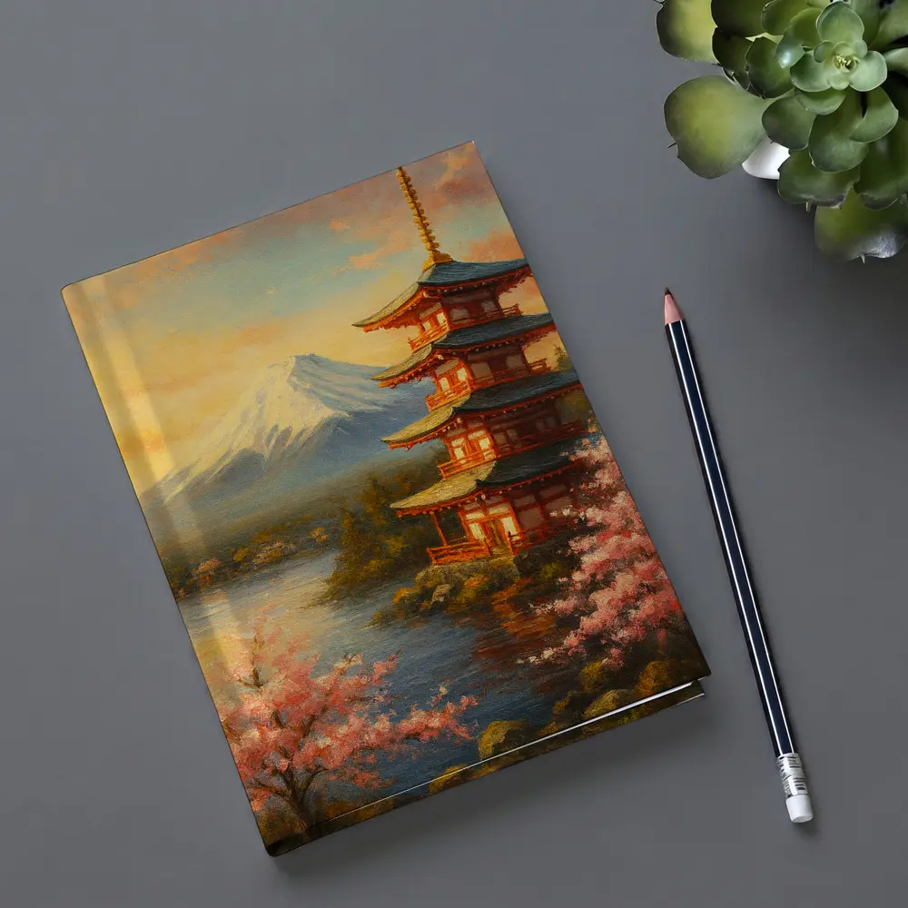 Japanese Pagoda Mount Fuji Cherry Blossoms Painting – Notebooks