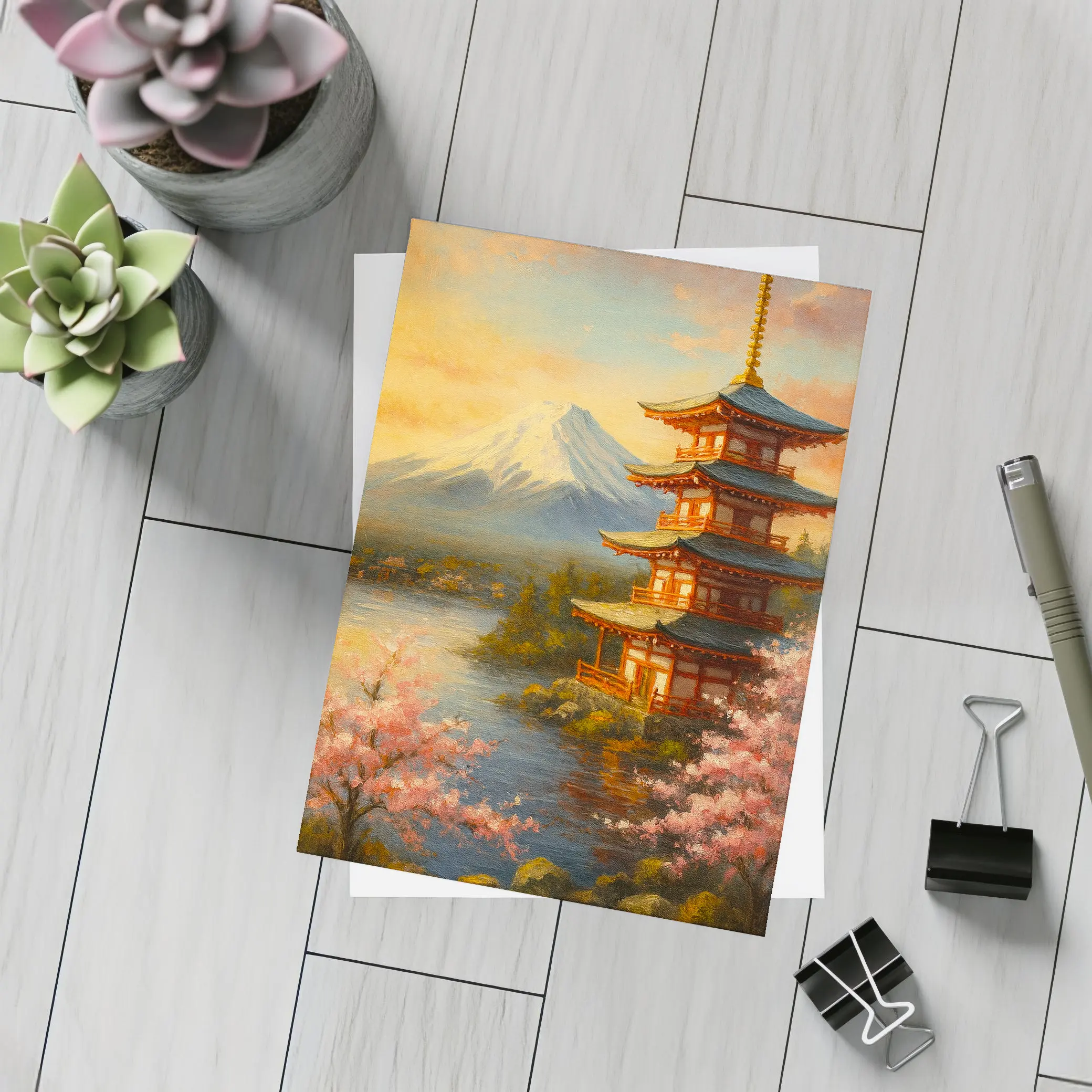 Japanese Pagoda Mount Fuji Cherry Blossoms Painting – Postcards