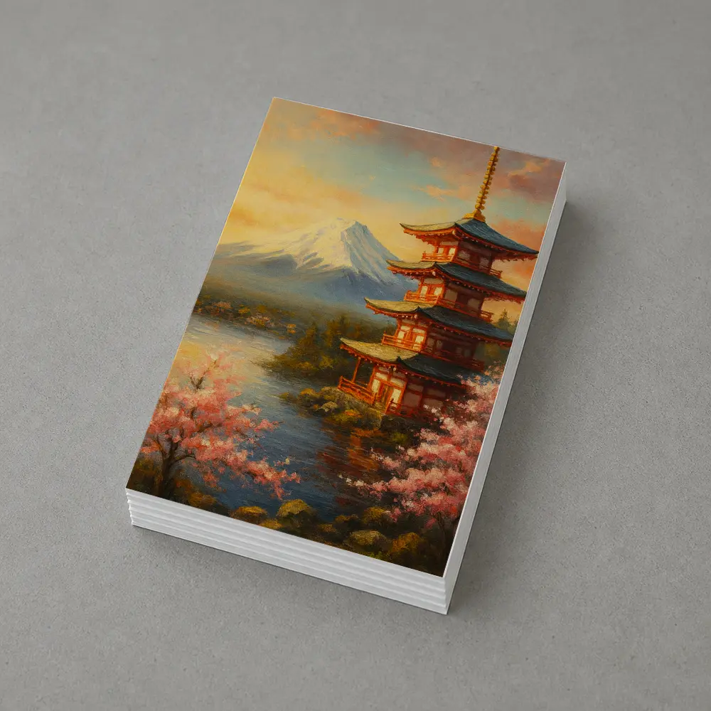 Japanese Pagoda Mount Fuji Cherry Blossoms Painting – Postcards