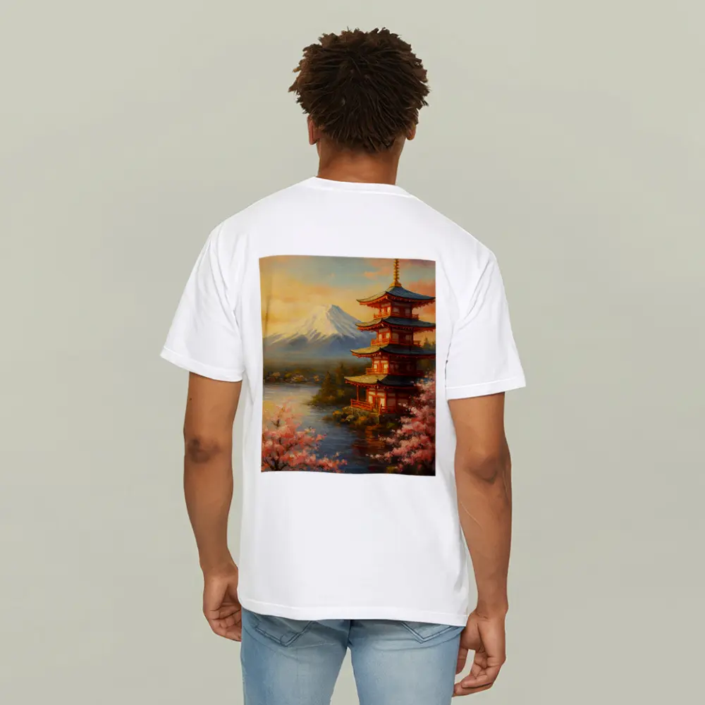 Japanese Pagoda Mount Fuji Cherry Blossoms Painting – T-Shirts