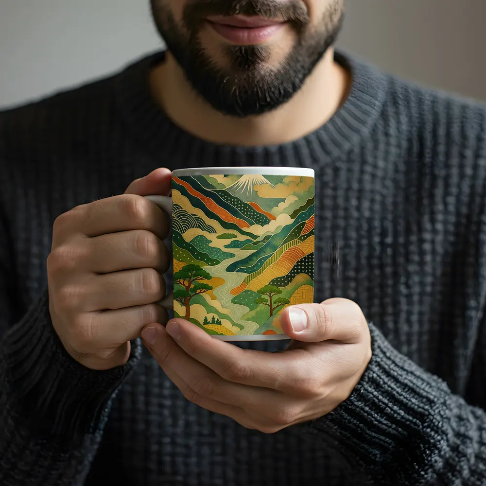Japanese Woodblock Art Mount Fuji River Landscape – Mugs