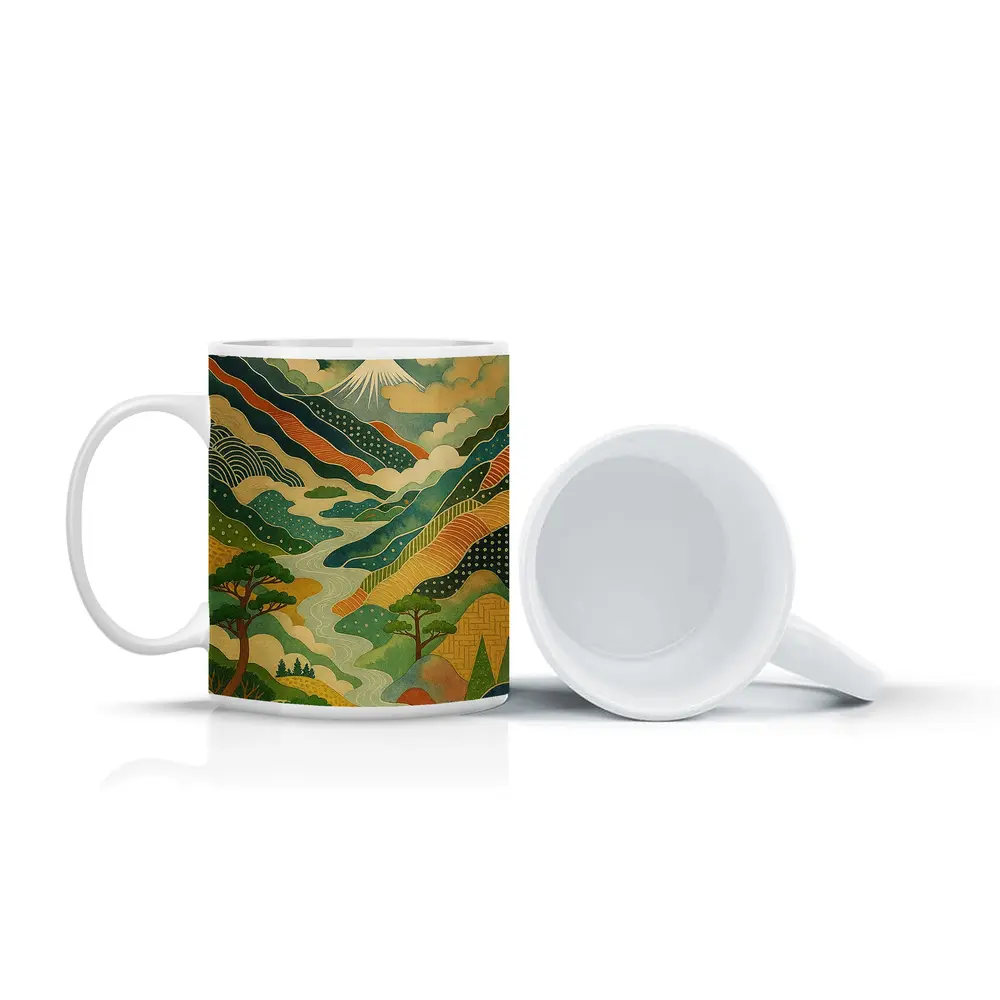 Japanese Woodblock Art Mount Fuji River Landscape – Mugs