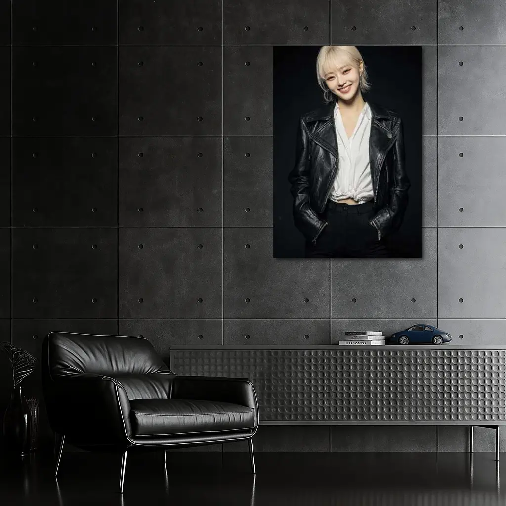 Smiling Young Woman Black Leather Jacket Dark – Wall Art