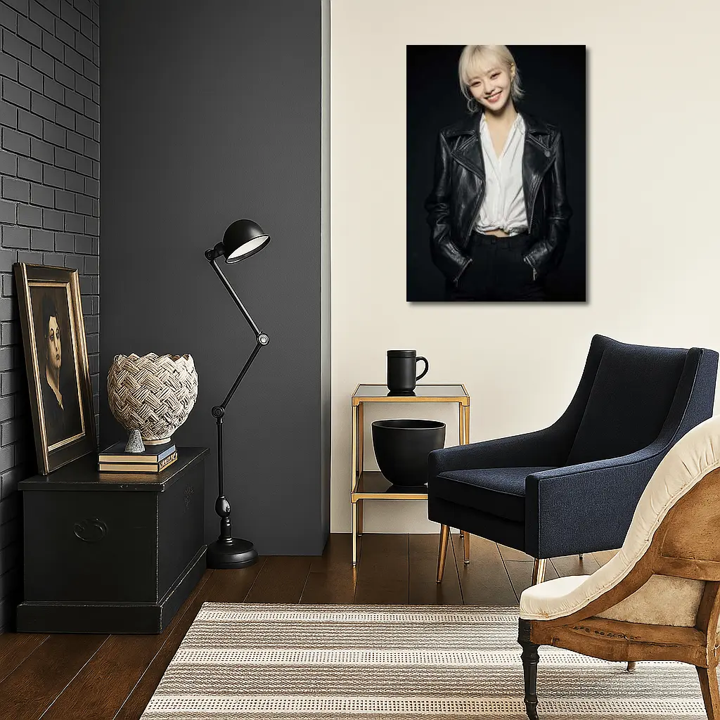 Smiling Young Woman Black Leather Jacket Dark – Wall Art