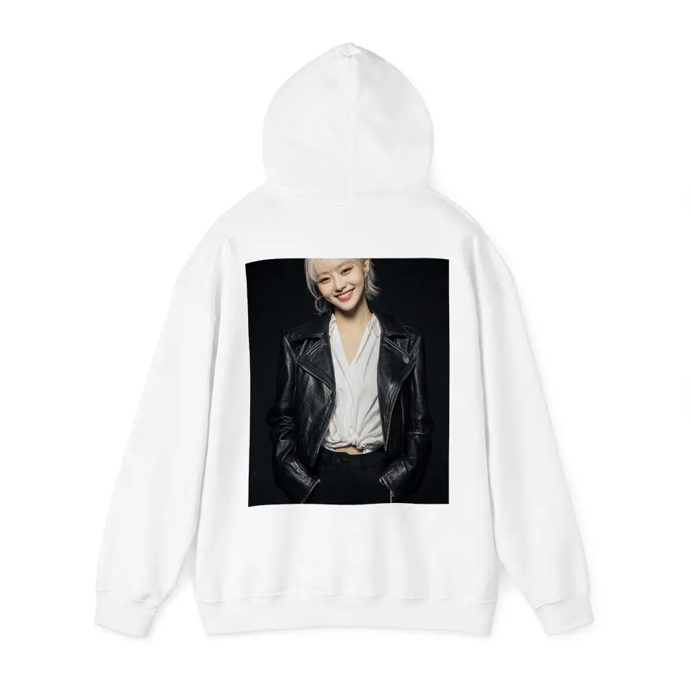 Smiling Young Woman Black Leather Jacket Dark – Hoodies
