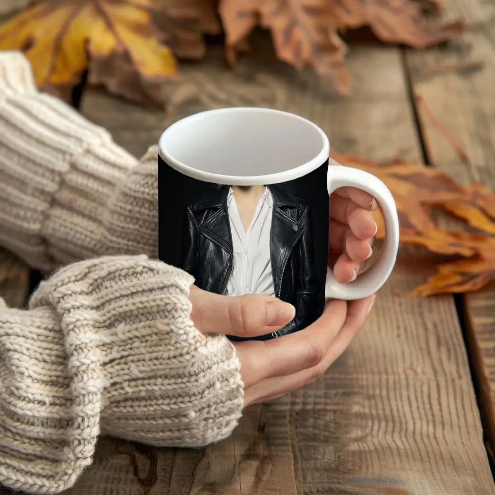 Smiling Young Woman Black Leather Jacket Dark – Mugs