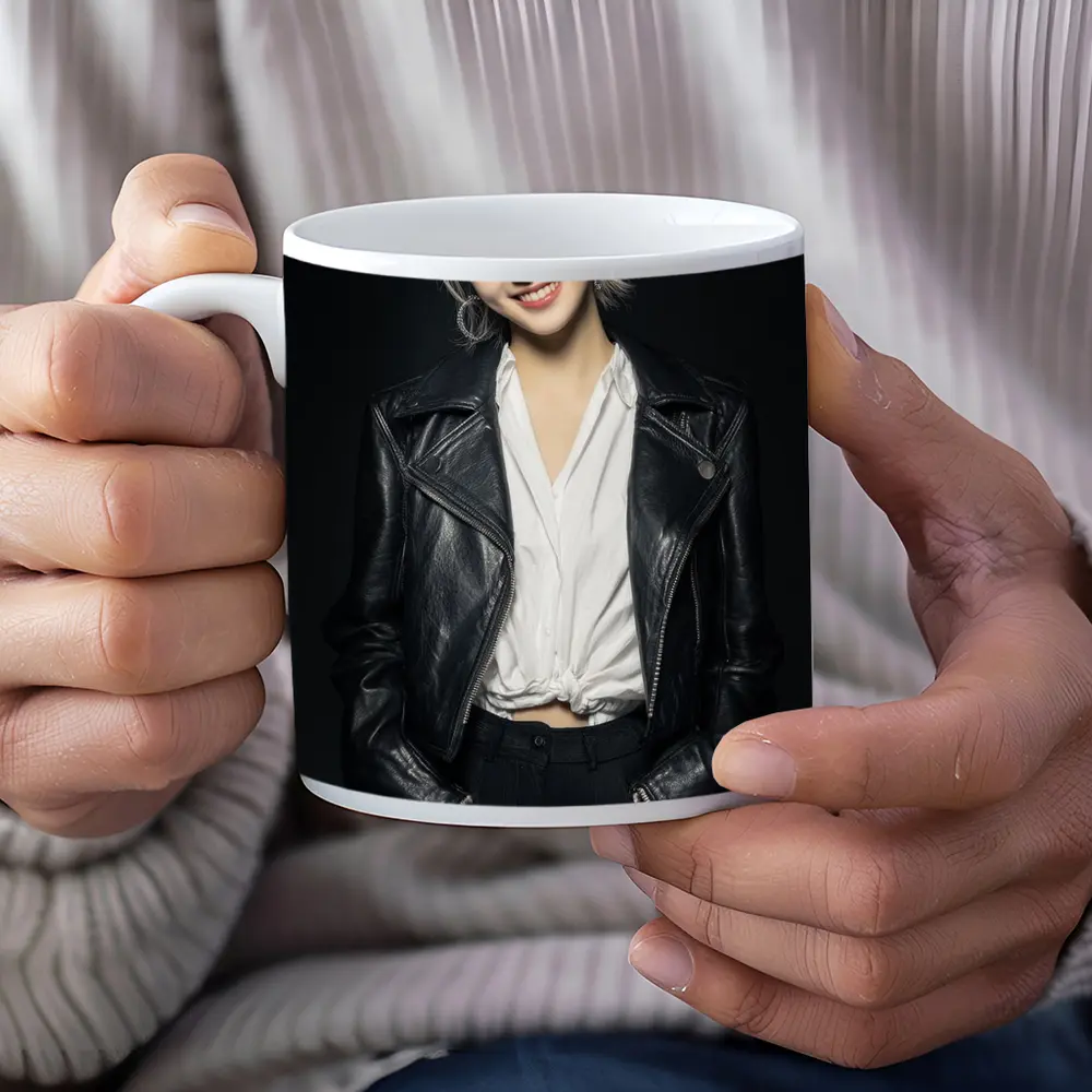 Smiling Young Woman Black Leather Jacket Dark – Mugs