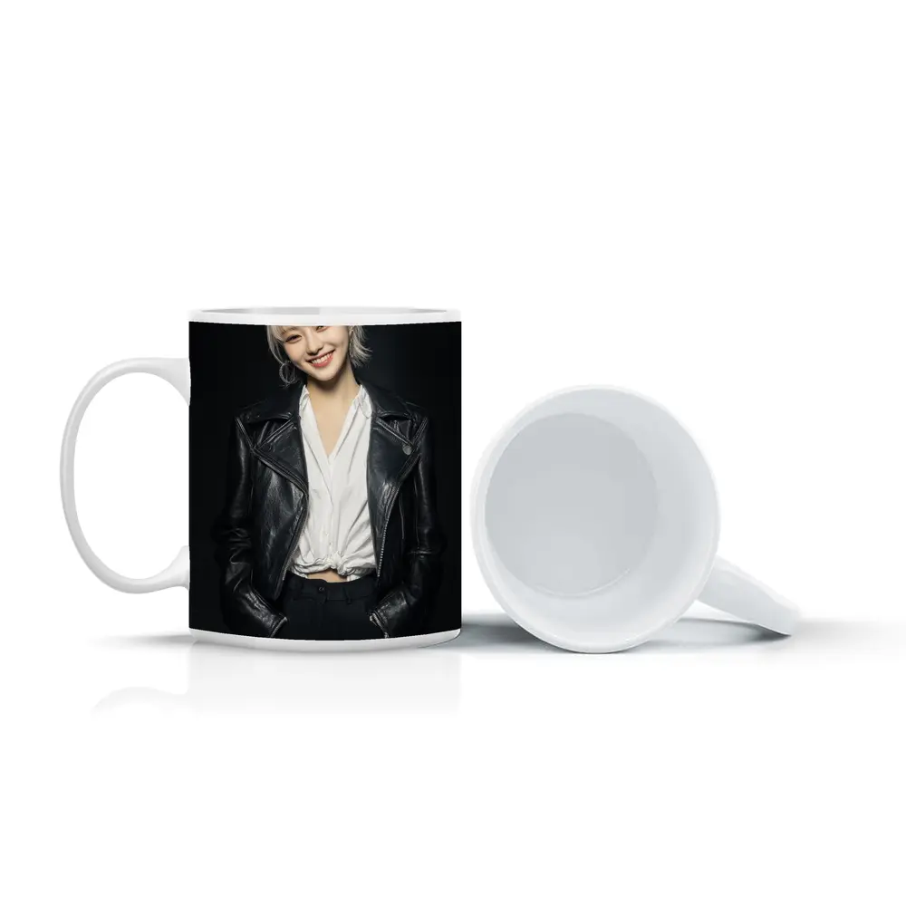 Smiling Young Woman Black Leather Jacket Dark – Mugs