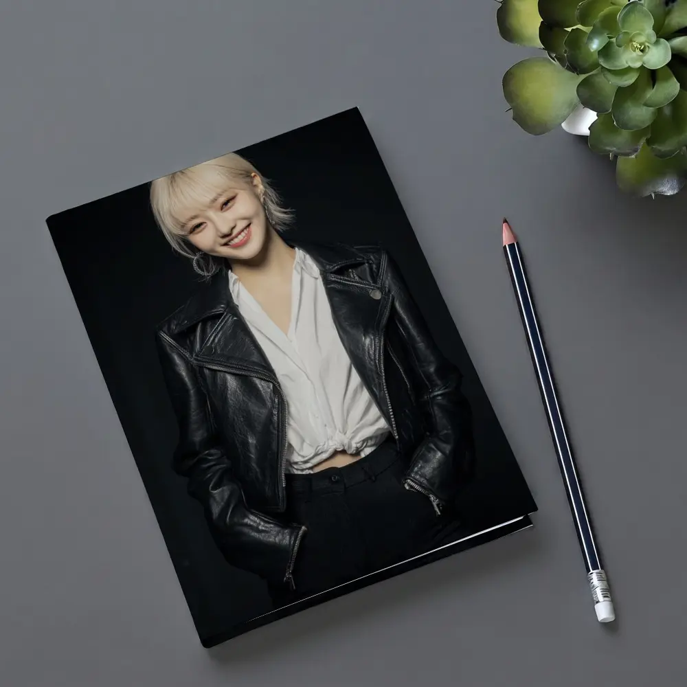 Smiling Young Woman Black Leather Jacket Dark – Notebooks